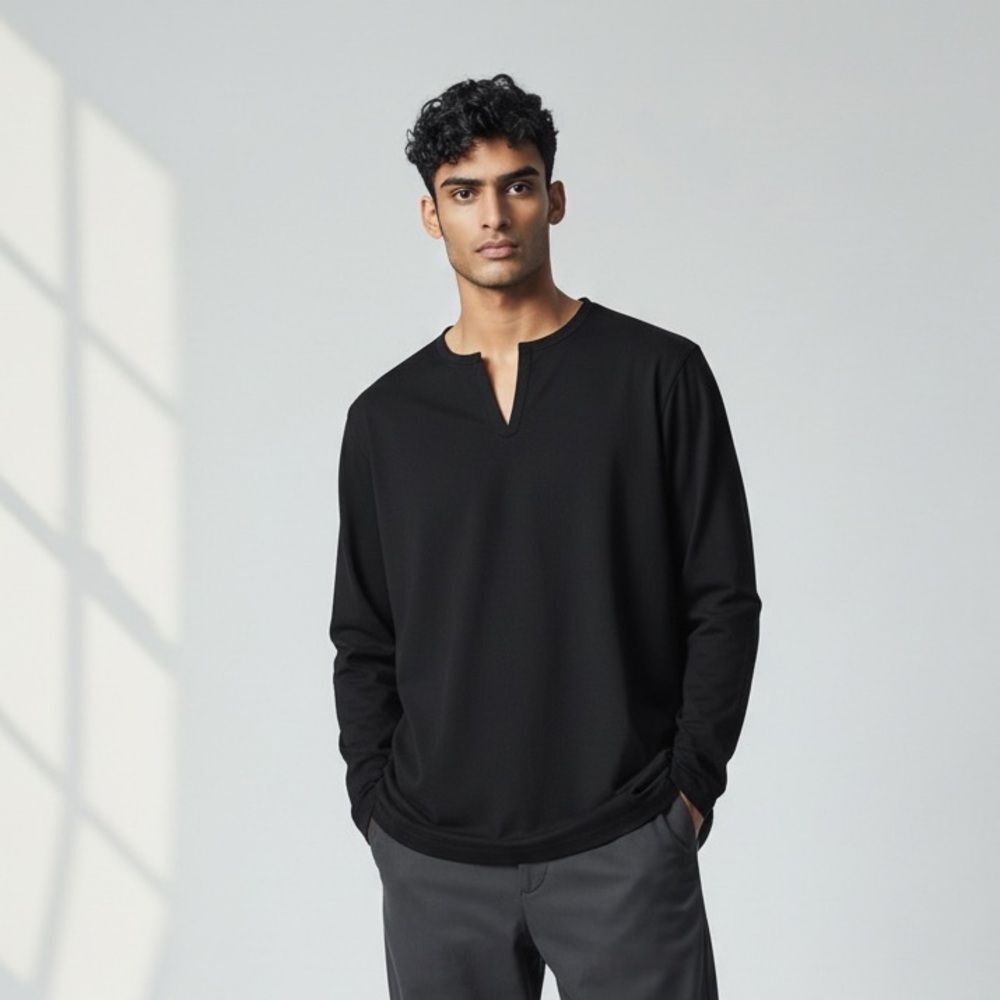 Armani Exchange Black Long Sleeve Notched Neck - Size Medium